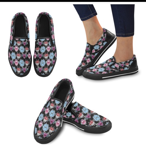 PATTERN MOSTRINIblack Women's Slip-on Canvas Shoes (Model 019)