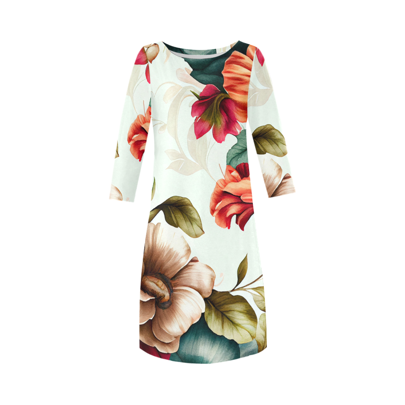 flowers botanic art (4) dress fashion Rhea Loose Round Neck Dress(Model D22)