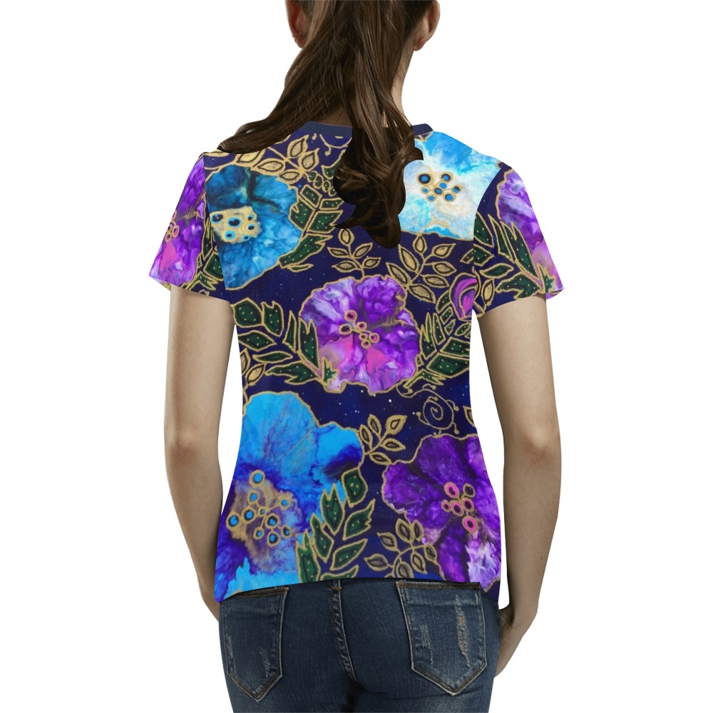 Dark Blue Floral All Over Print T-Shirt for Women (USA Size) (Model T40)