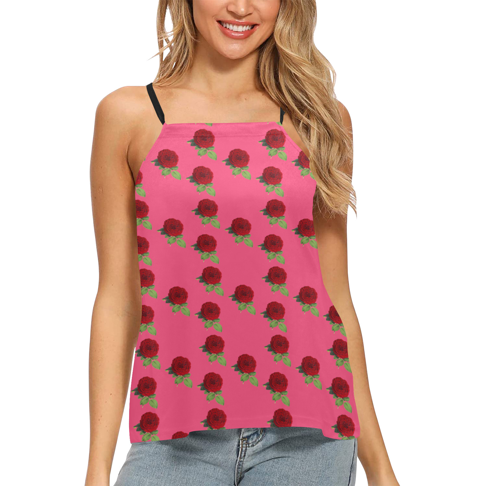 rose in mexican pink Loose Fit Halter Neck Top (Model T68)