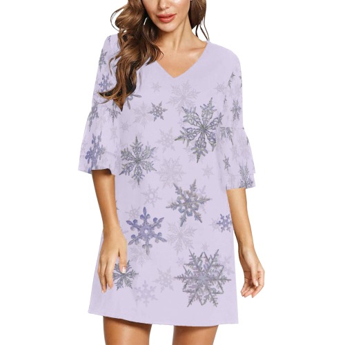 snowflakes redux seamless pattern on lilac Half Sleeves V-Neck Mini Dress (Model D63)