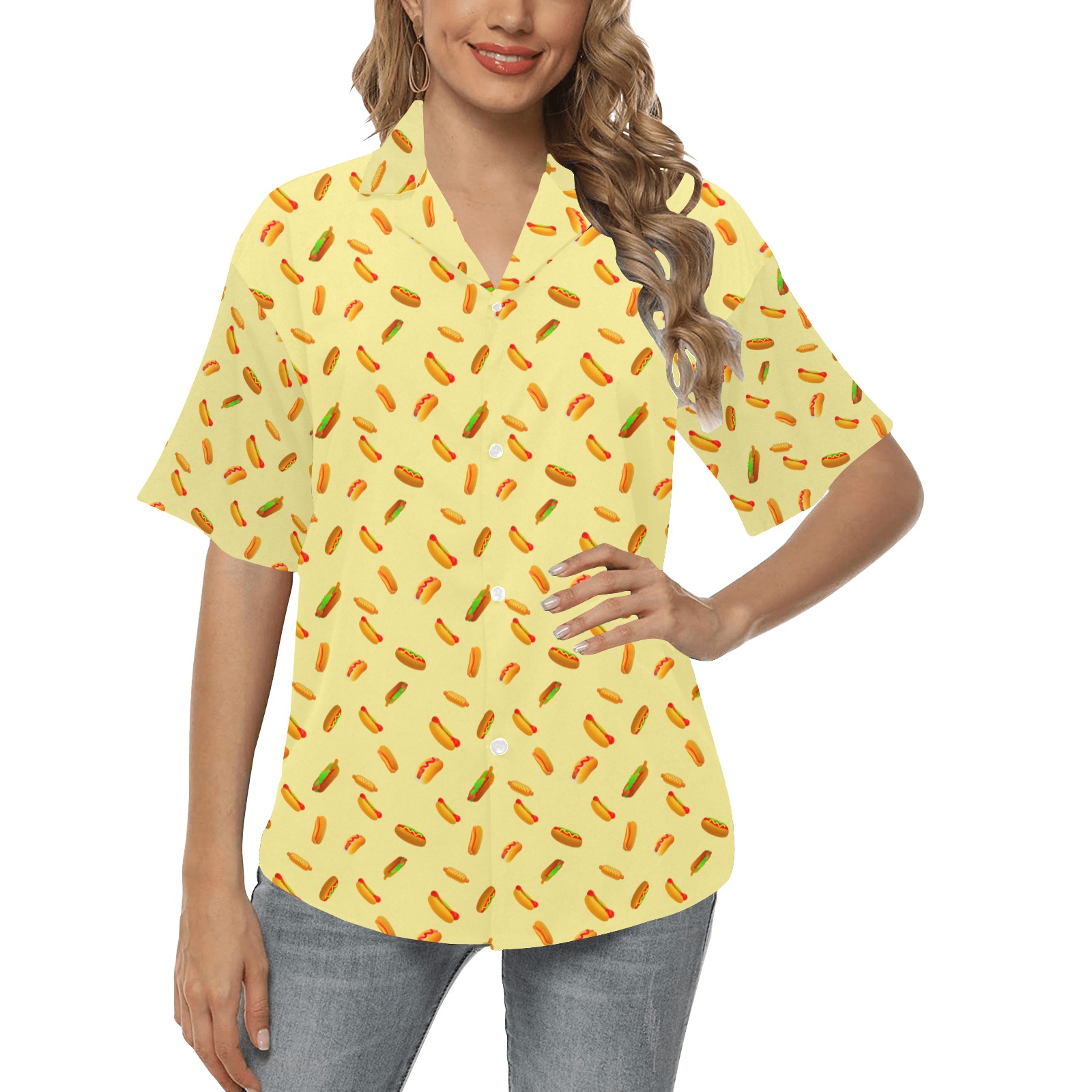 Hot Dog Pattern on Yellow All Over Print Hawaiian Shirt for Women (Model T58)