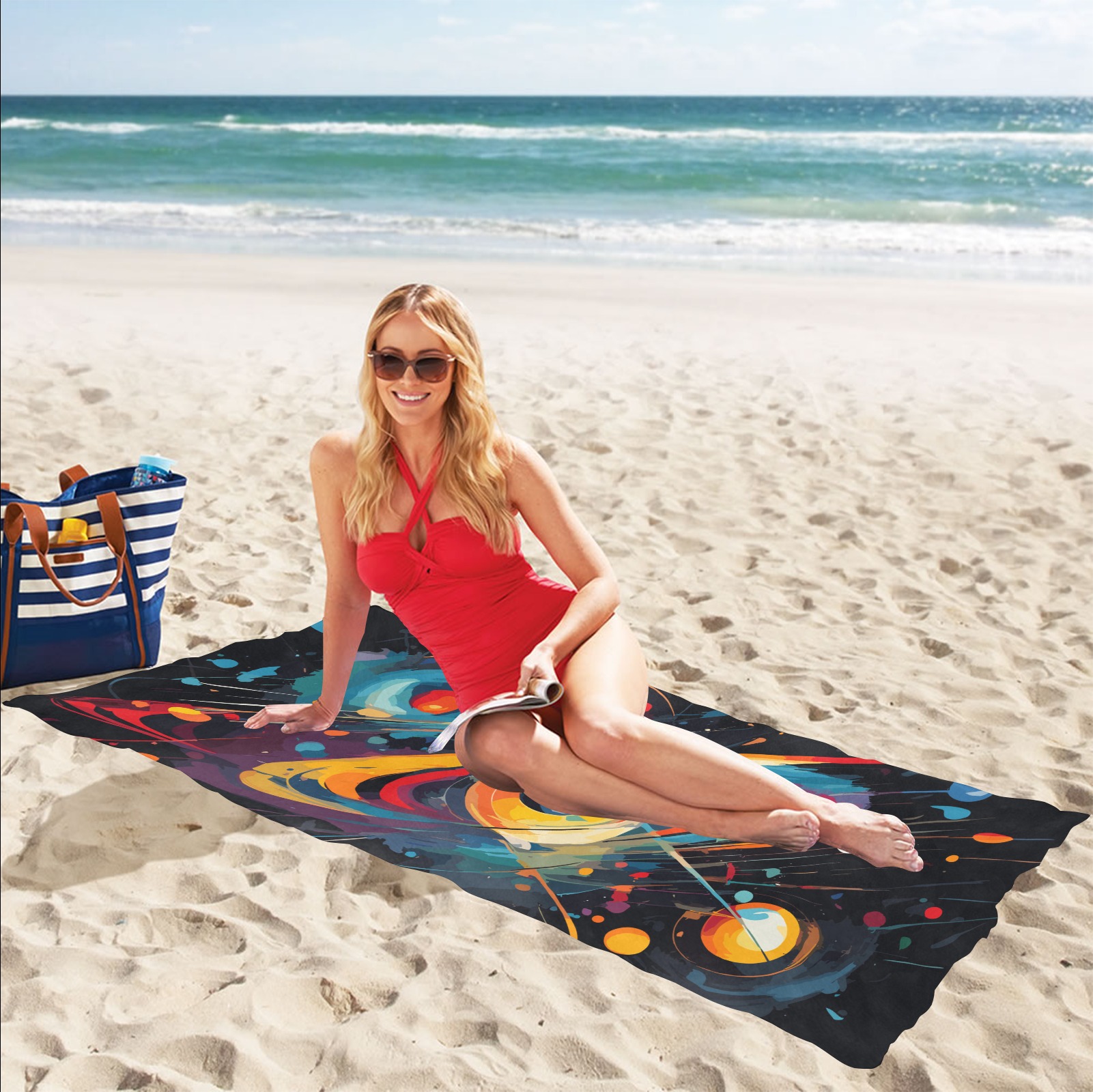 Galactical shapes, planets, stars in black space Beach Towel 32"x 71"