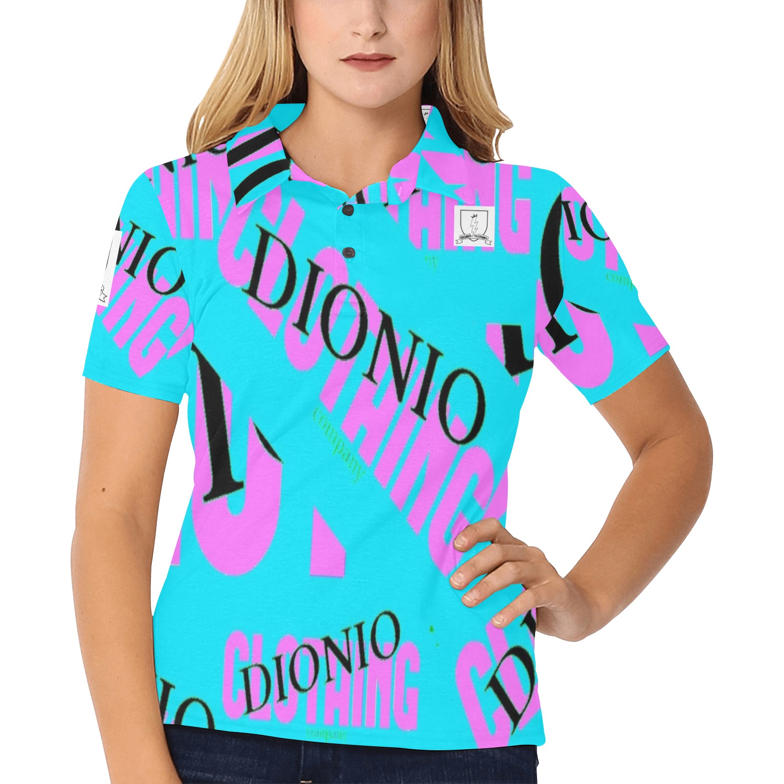 DIONIO Clothing - Women's Short Sleeve Polo Shirt (Company Turquoise & Pink Logo) Pink Women's All Over Print Polo Shirt (Model T55)