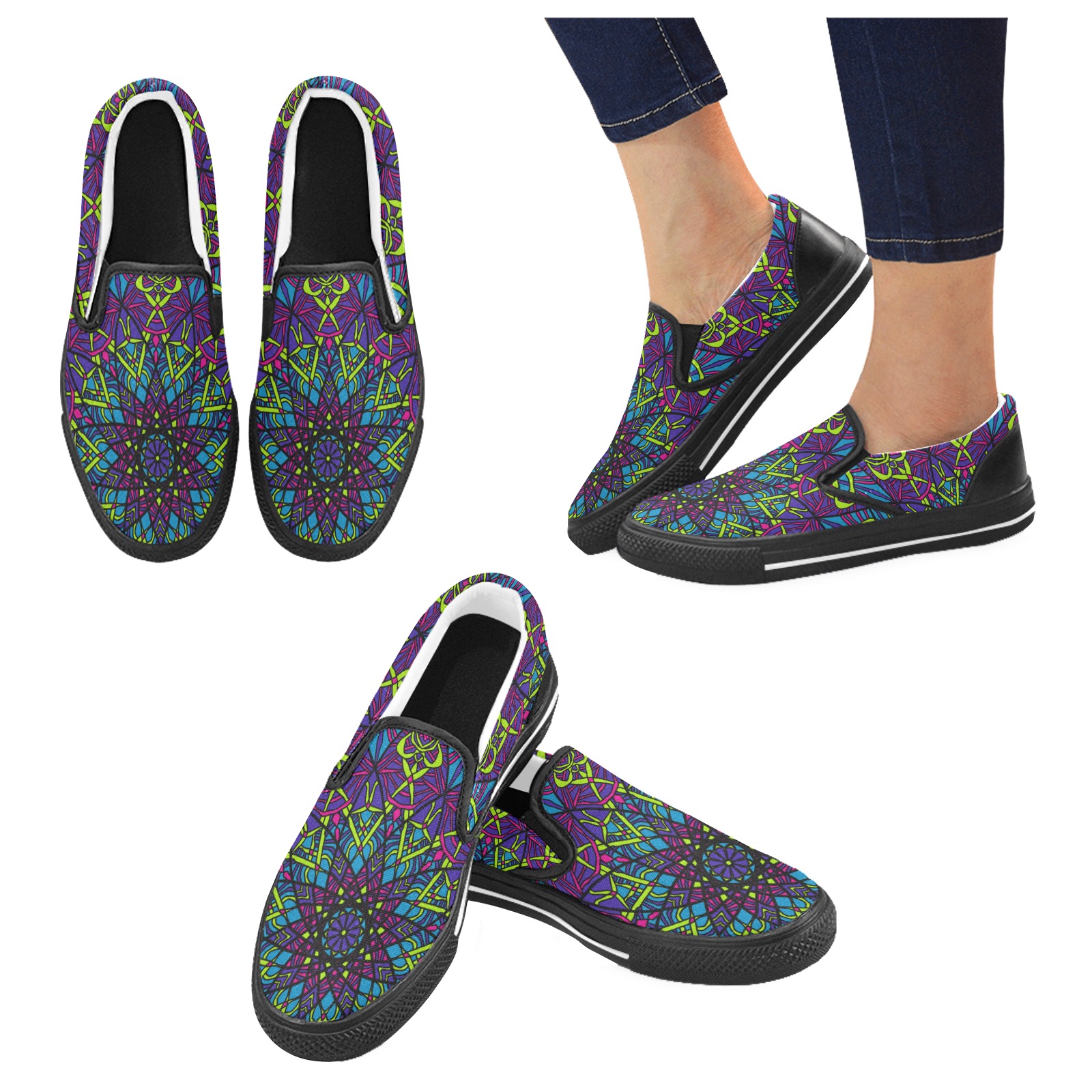 Ô Neon Green, Pink and Blue Mandala Women's Unusual Slip-on Canvas Shoes (Model 019)