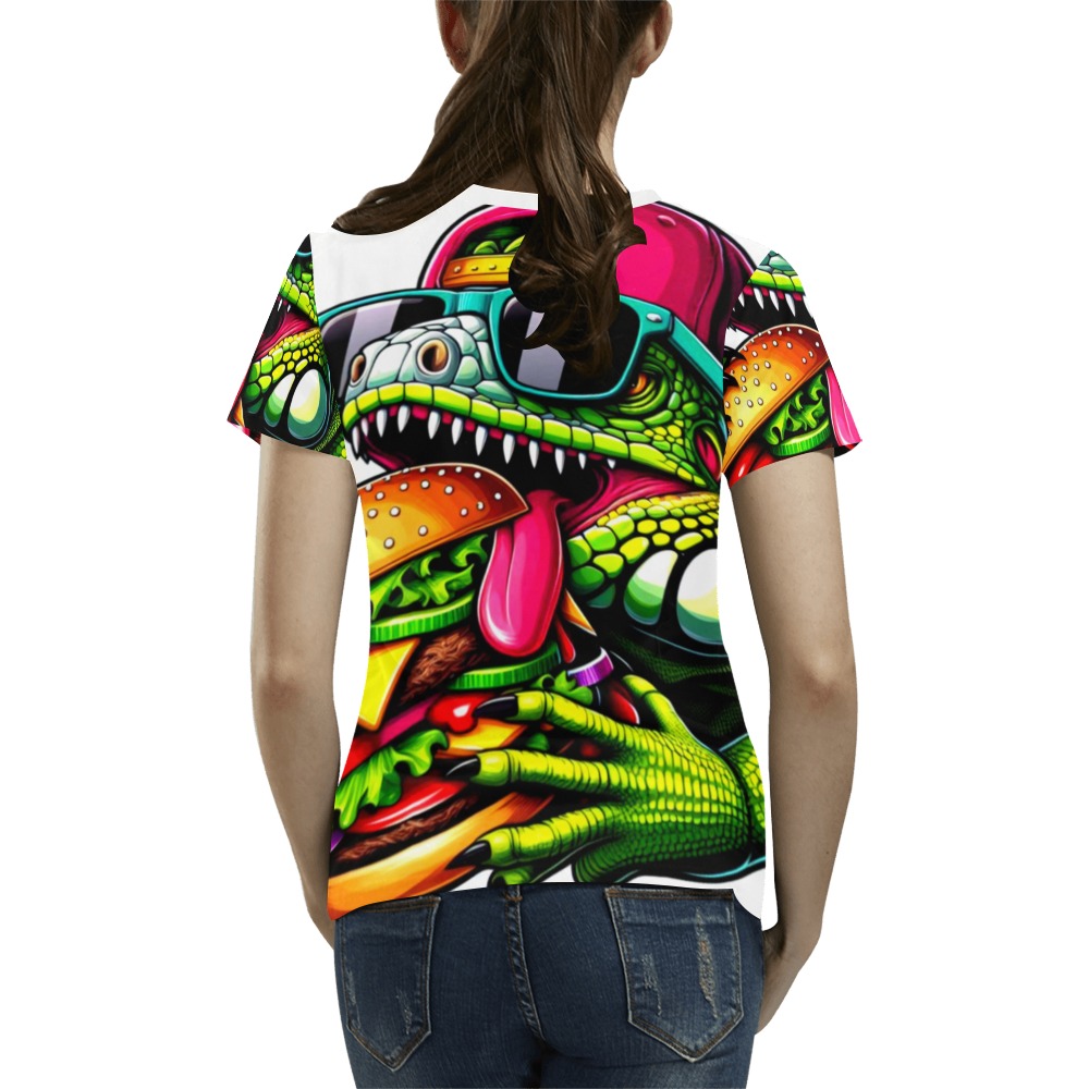 IGUANA EATING CHEESEBURGER 3 All Over Print T-Shirt for Women (USA Size) (Model T40)