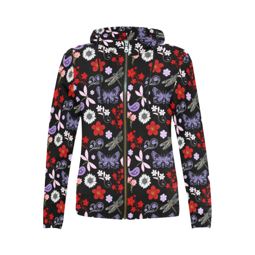 Black, Red, Pink, Purple, Dragonflies, Butterfly and Flowers Design All Over Print Full Zip Hoodie for Women (Model H14)