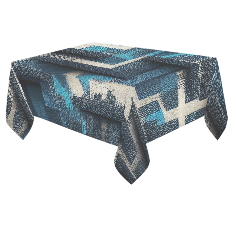 blue, white and black abstract pattern Cotton Linen Tablecloth 60"x 84"