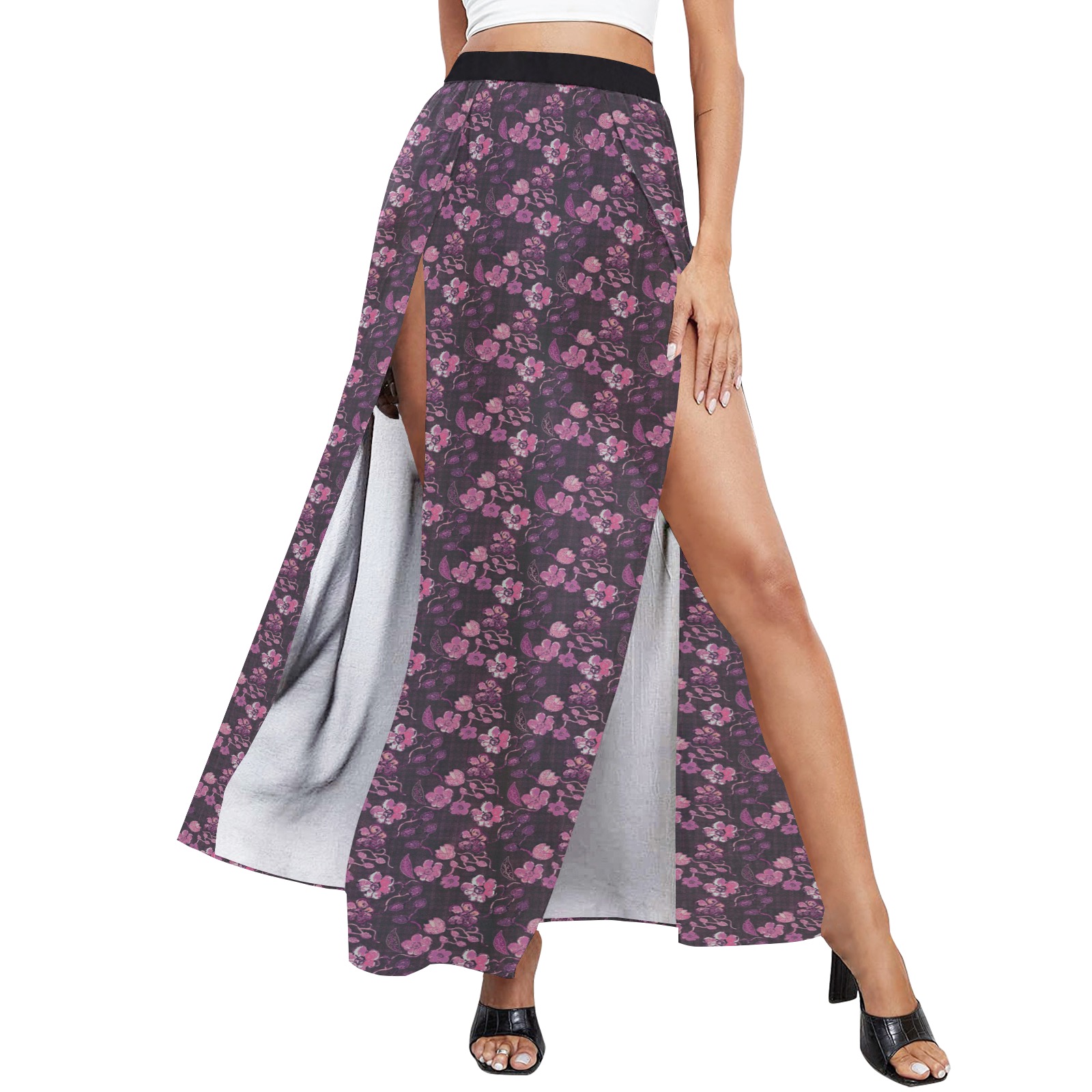 Pink-Purple Floral Vintage High Slit Long Beach Dress (Model S40)