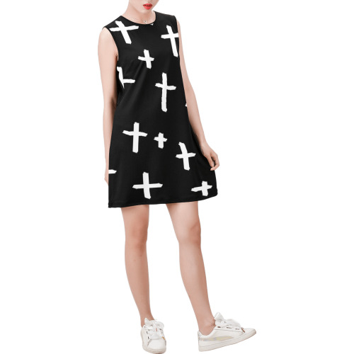 white cross Sleeveless Round Neck Shift Dress (Model D51)