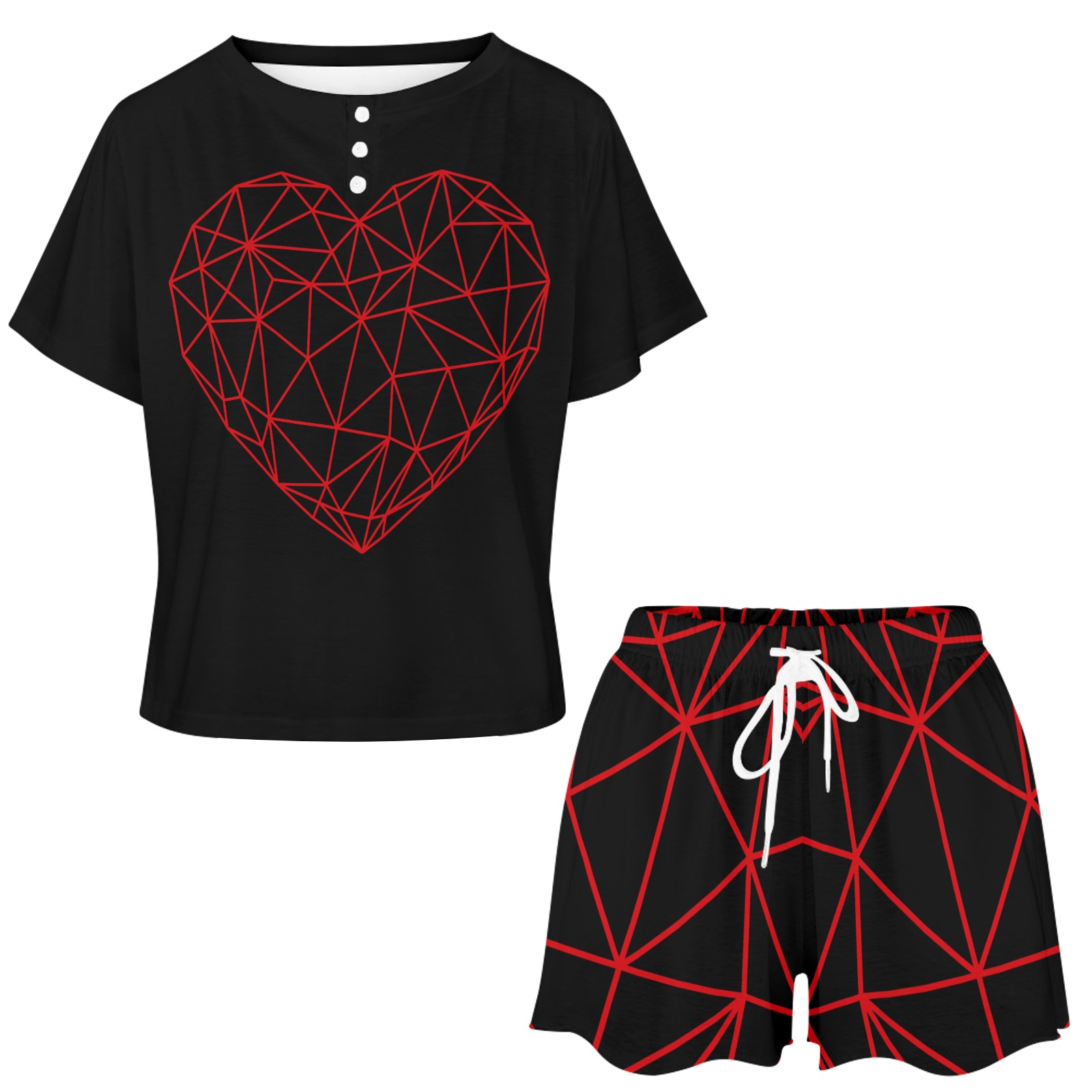 Red Geodesic Heart on Black Women's Mid-Length Shorts Pajama Set