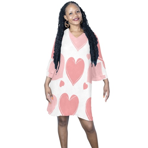 heart print Half Sleeves V-Neck Mini Dress (Model D63)