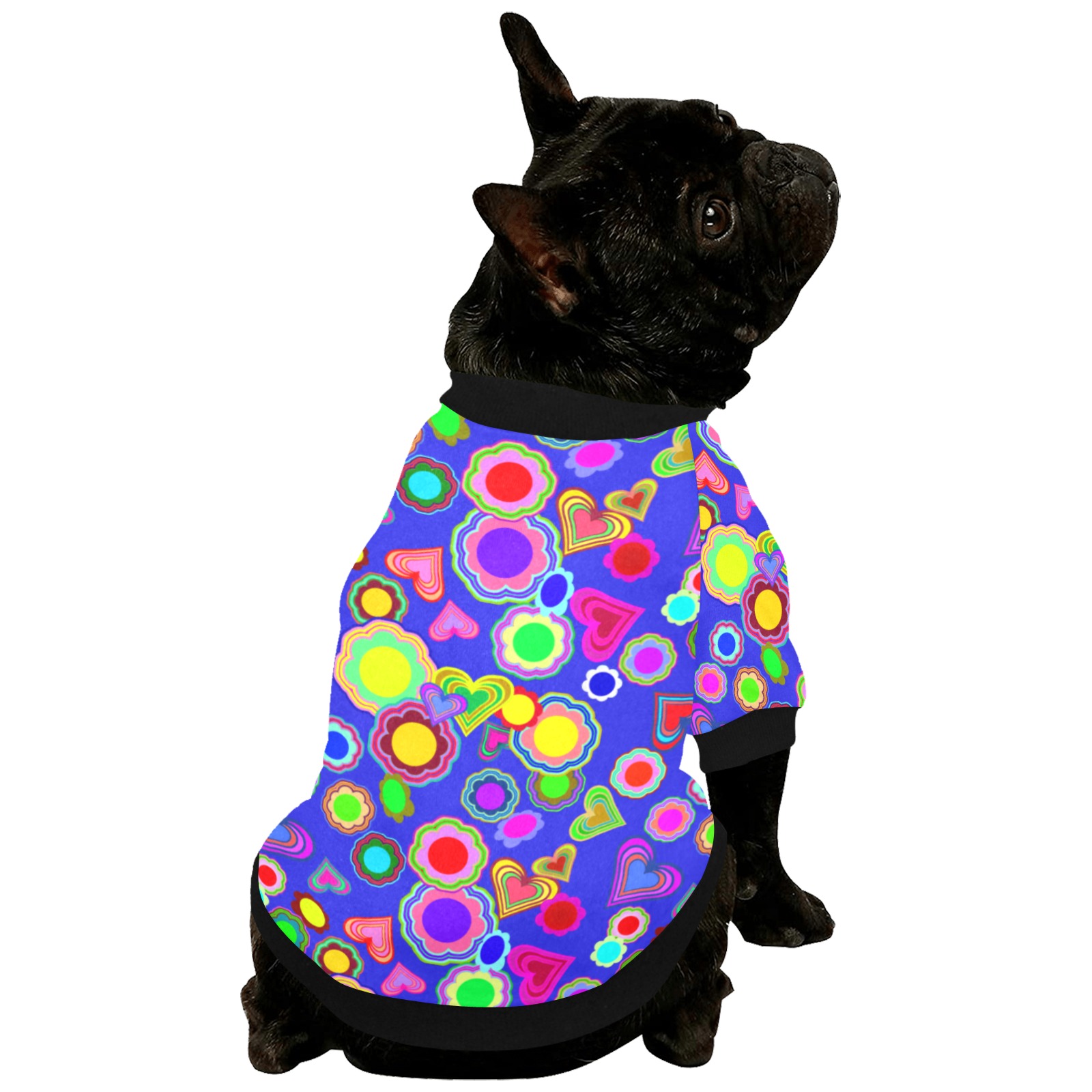 Groovy Hearts and Flowers Blue Pet Dog Round Neck Shirt
