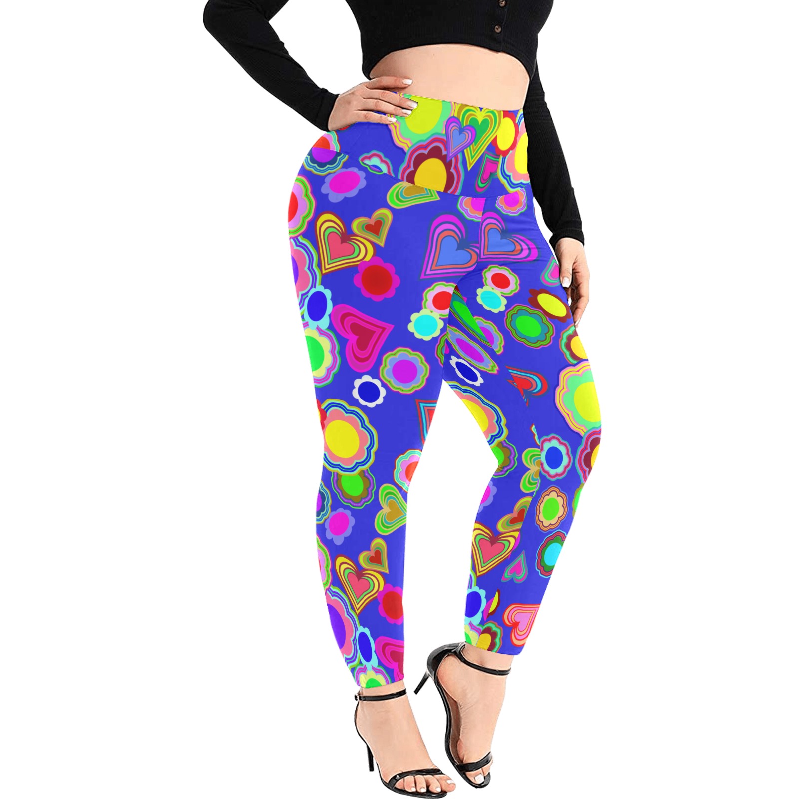Groovy Hearts and Flowers Blue Women's Extra Plus Size High Waist Leggings (Model L45)