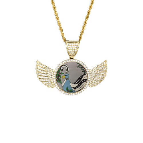 Tribal Bird Wings Gold Photo Pendant with Rope Chain