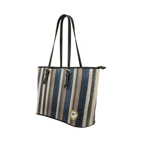 gold, silver and saphire striped pattern Leather Tote Bag/Large (Model 1651)