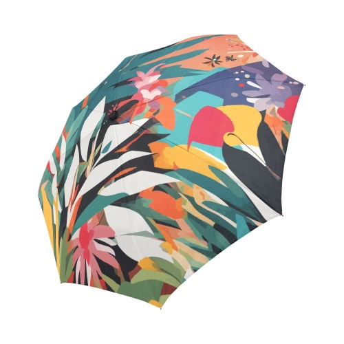 Tropical flowers and plants on orange background. Auto-Foldable Umbrella (Model U04)