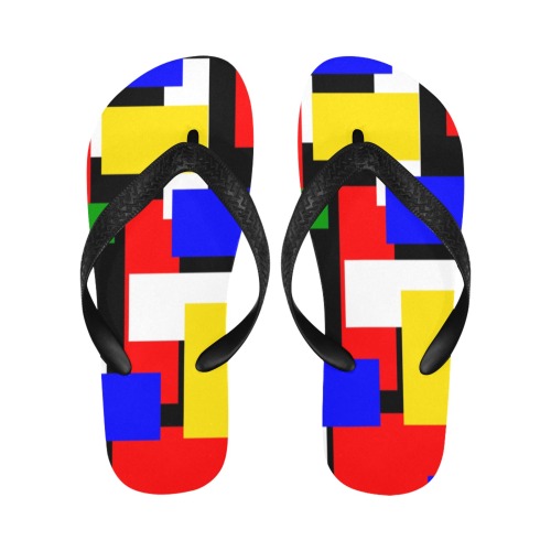 Yellow, Red, Blue and Green Geometric Blocks Flip Flops for Men/Women (Model 040)
