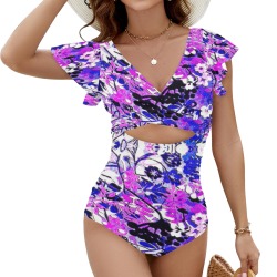 floral abstract in shades of blue and pink Women's Twist Front Ruffle Sleeve Swimsuit (Model S55)