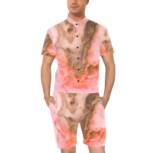 Pink marbled space 01 Men's Short Sleeve Jumpsuit