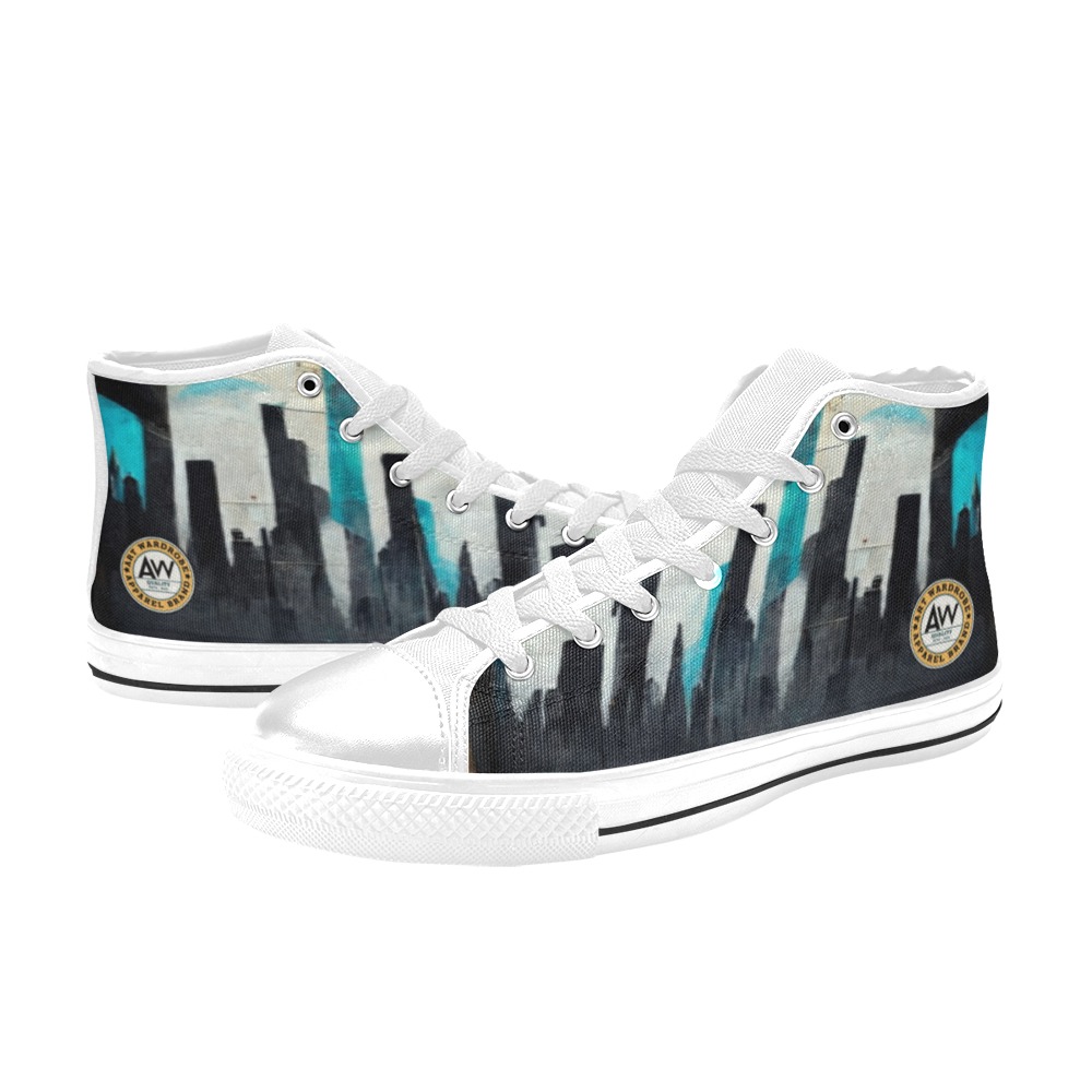 graffiti building's turquoise and black Men’s Classic High Top Canvas Shoes (Model 017)