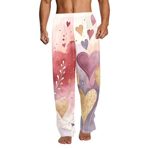 Valentine's men's sleep pants pink/purple/gold hearts no pockets
