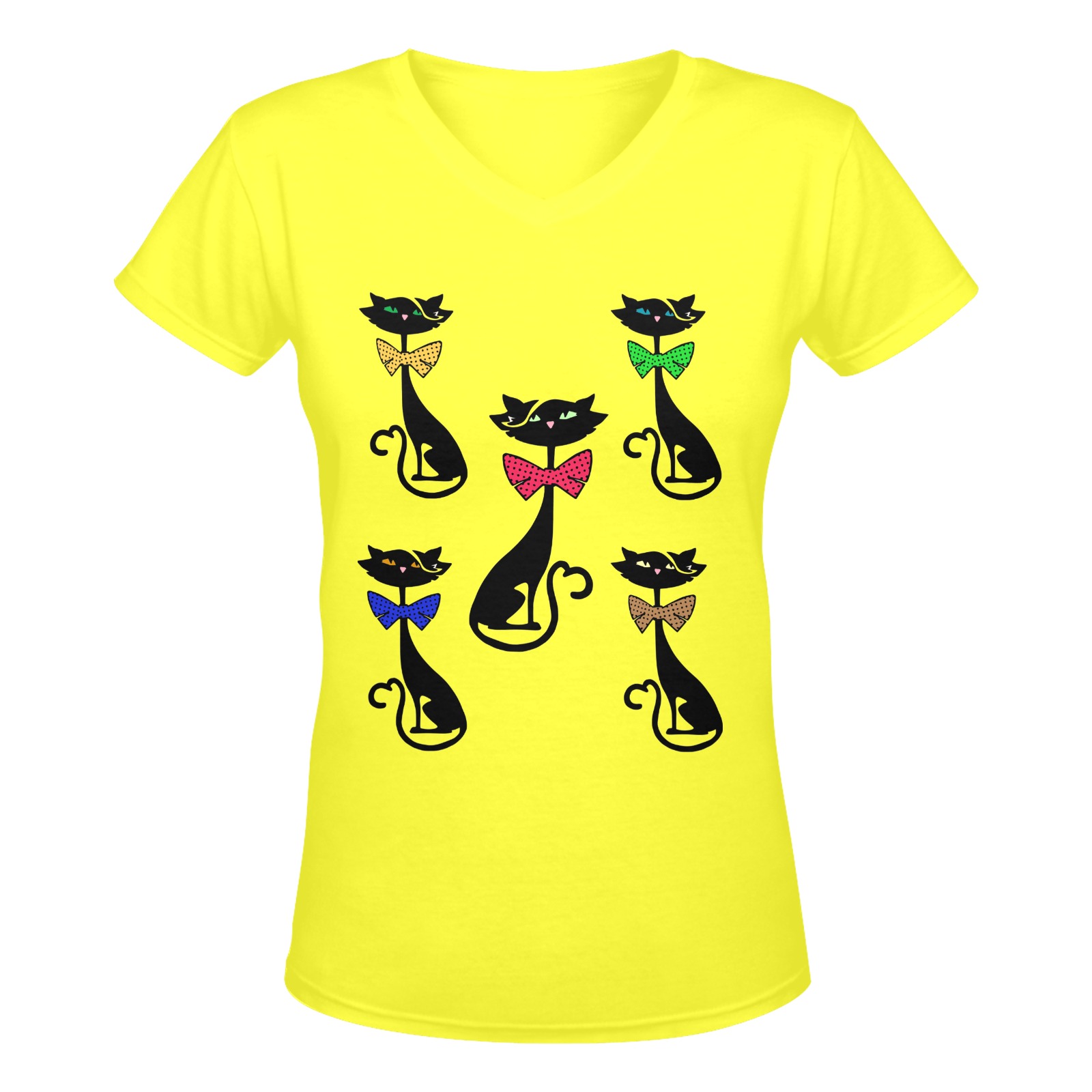Black Cat with Bow Ties - Yellow Women's Deep V-neck T-shirt (Model T19)