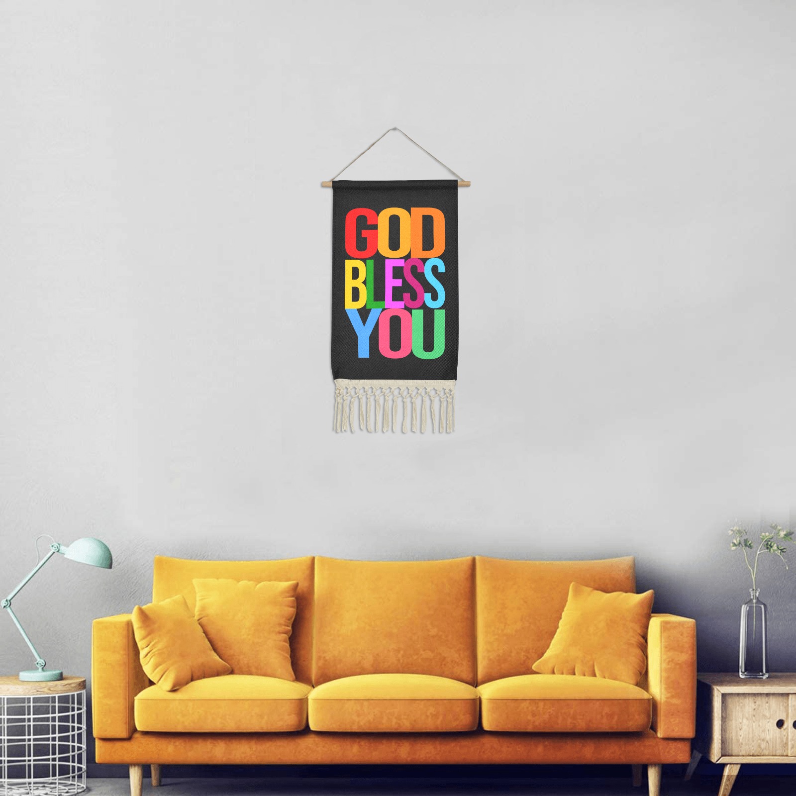 God bless you colorful text typography art. Linen Hanging Poster