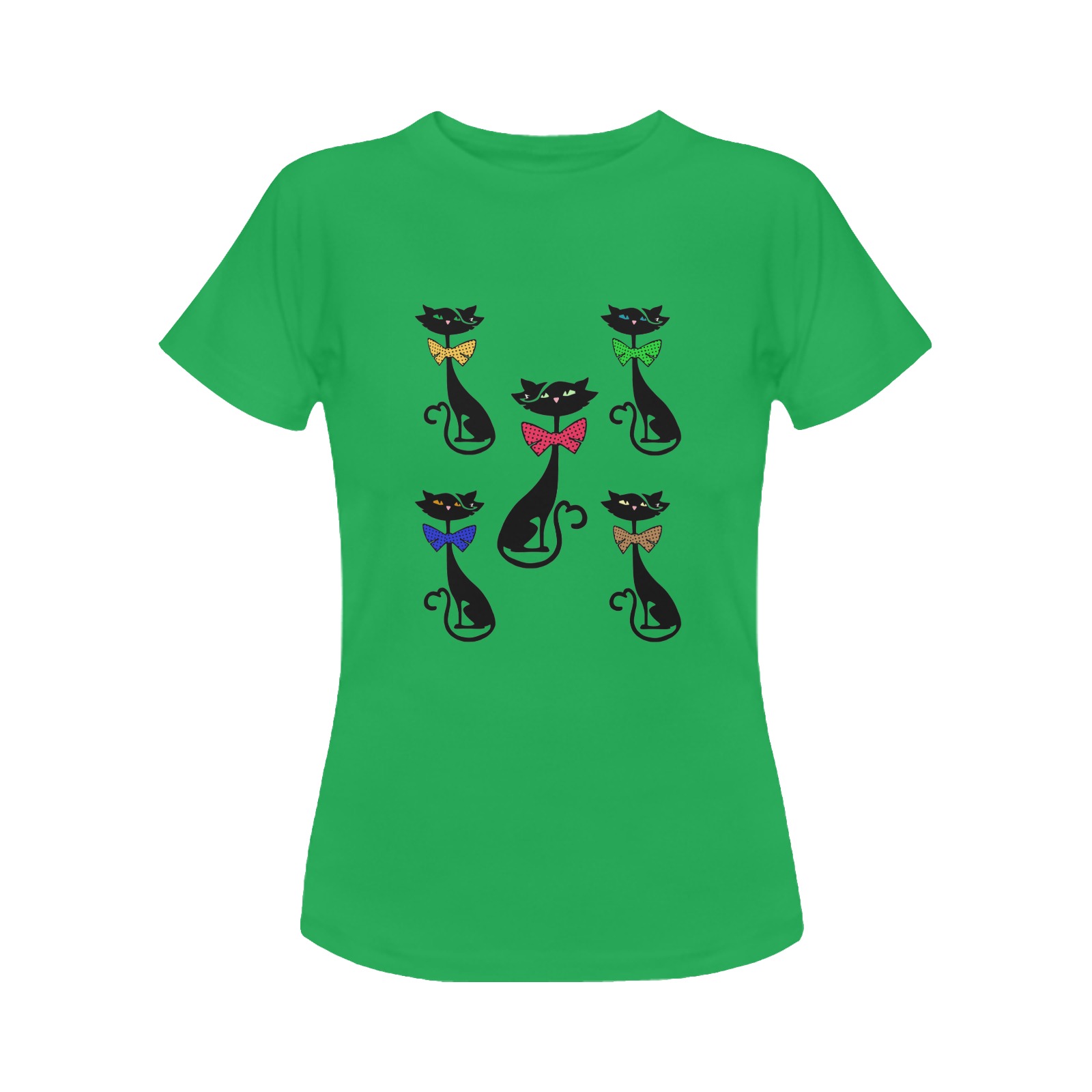 Black Cat with Bow Ties - Green Women's Classic T-Shirt (Model T17）