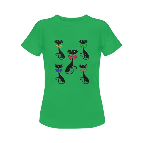 Black Cat with Bow Ties - Green Women's Classic T-Shirt (Model T17）