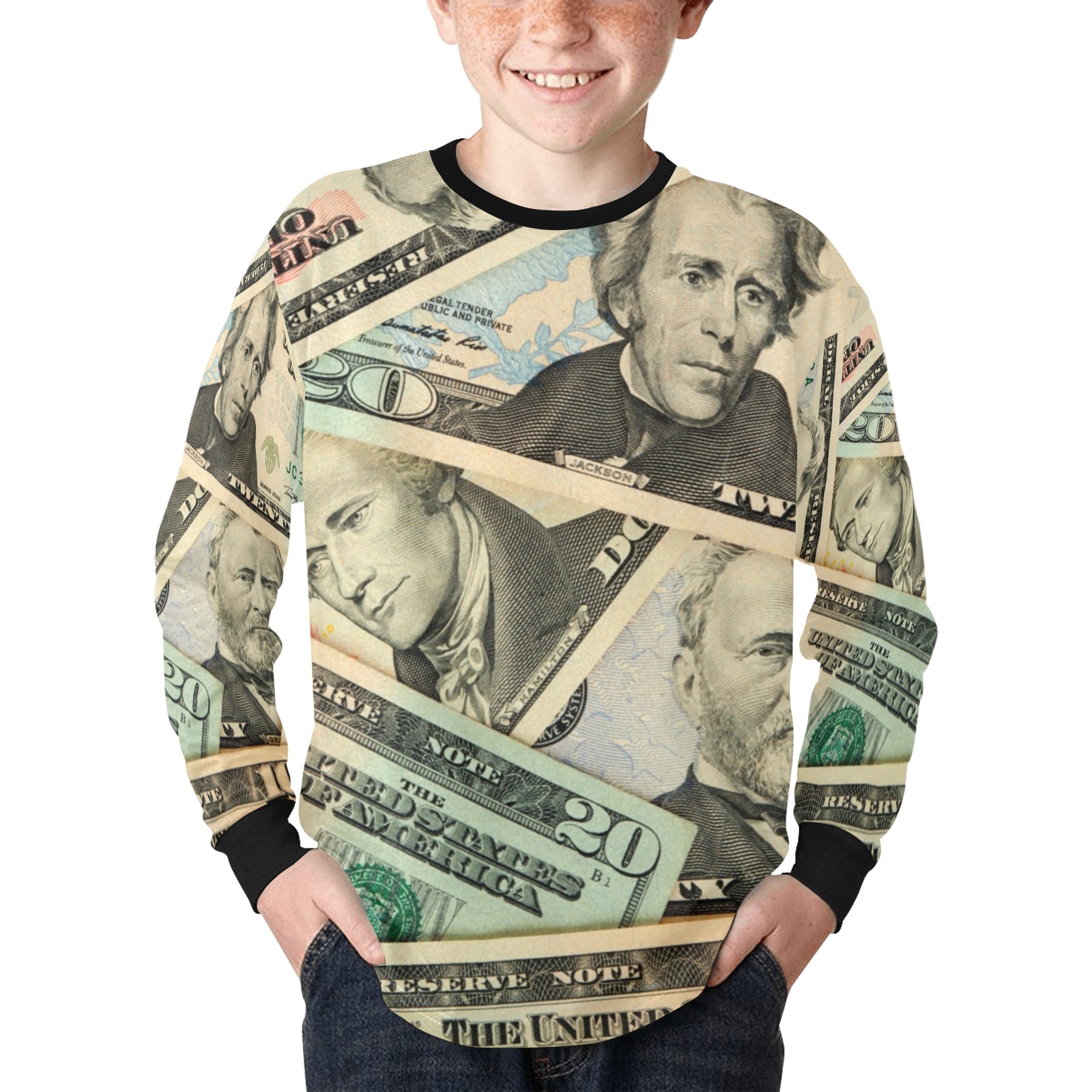 US PAPER CURRENCY Kids' Rib Cuff Long Sleeve T-shirt (Model T64)