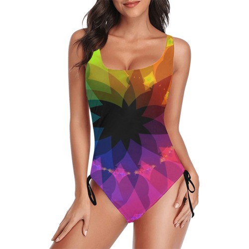 Colorful Spiral Fractal Drawstring Side One-Piece Swimsuit (Model S14)