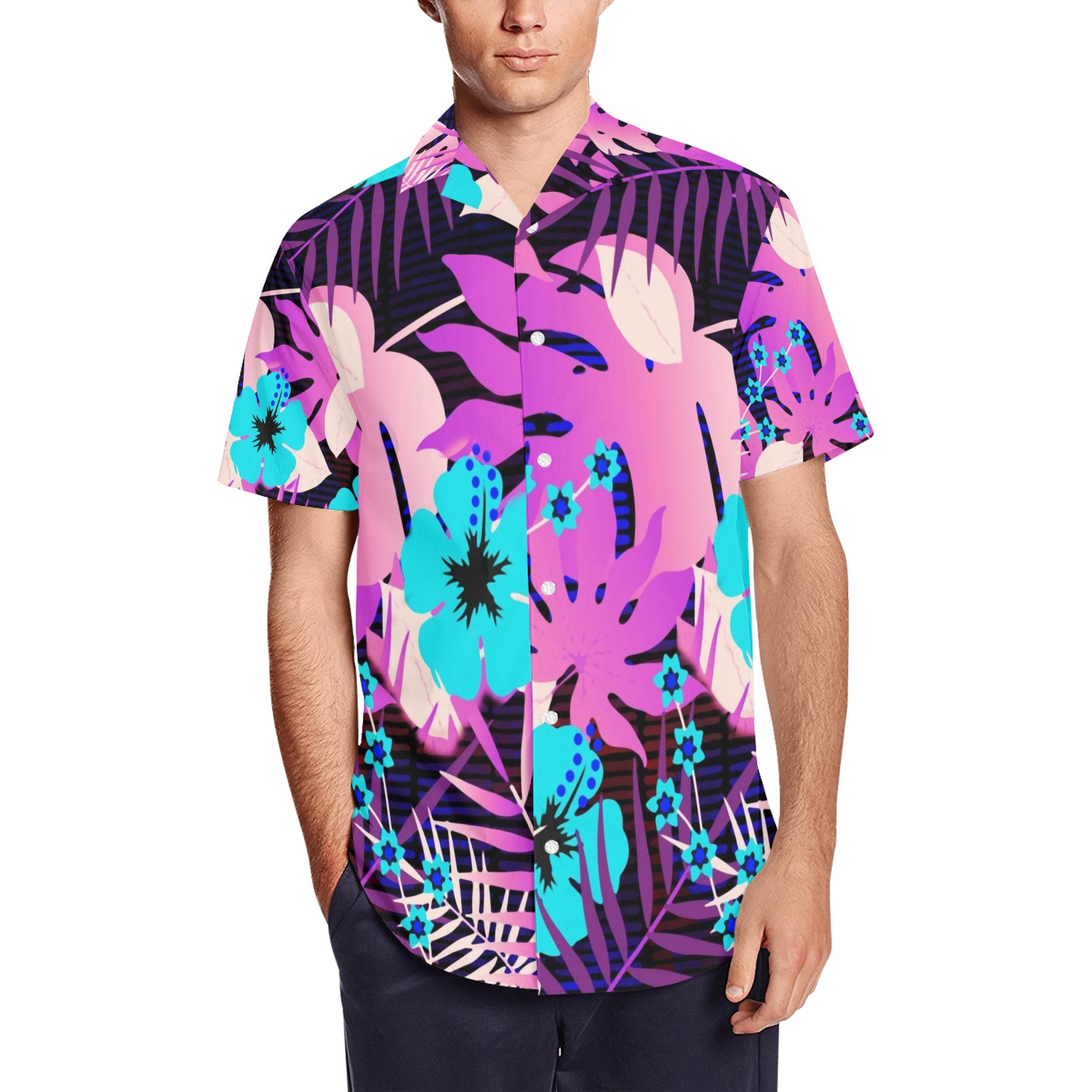 GROOVY FUNK THING FLORAL PURPLE Men's Short Sleeve Shirt with Lapel Collar (Model T54)