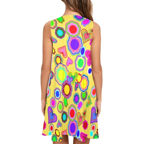 Groovy Hearts and Flowers Yellow Sleeveless A-Line Pocket Dress (Model D57)
