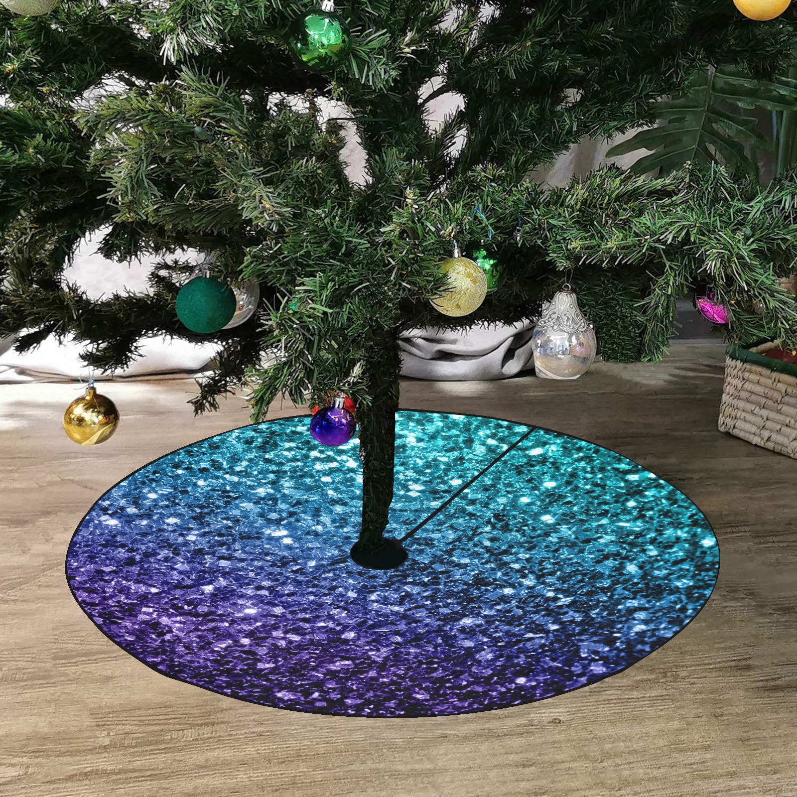 Aqua blue ombre faux glitter sparkles Thick Christmas Tree Skirt 36" x 36"