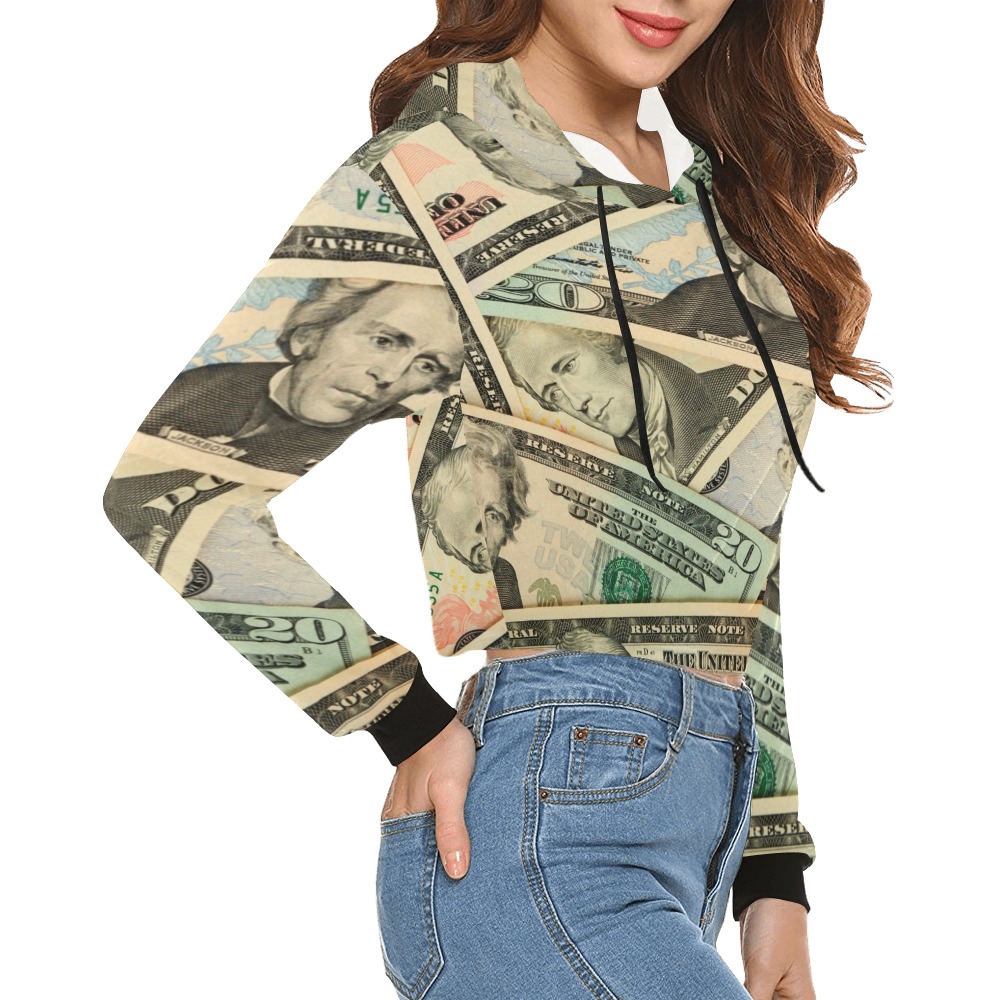 US PAPER CURRENCY All Over Print Crop Hoodie for Women (Model H22)