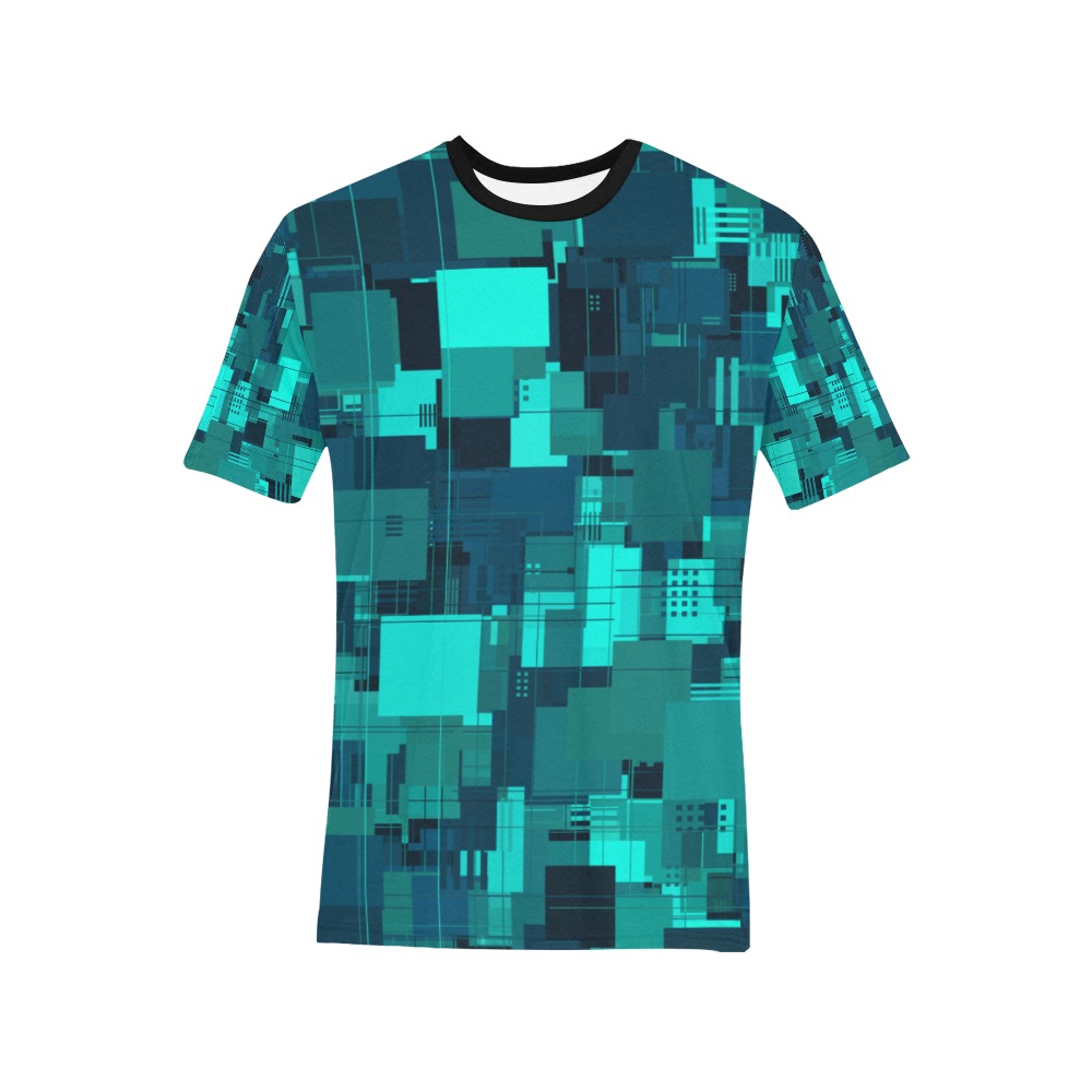 Random Shapes Pattern (Teal) Men's All Over Print T-Shirt (Solid Color Neck) (Model T63)