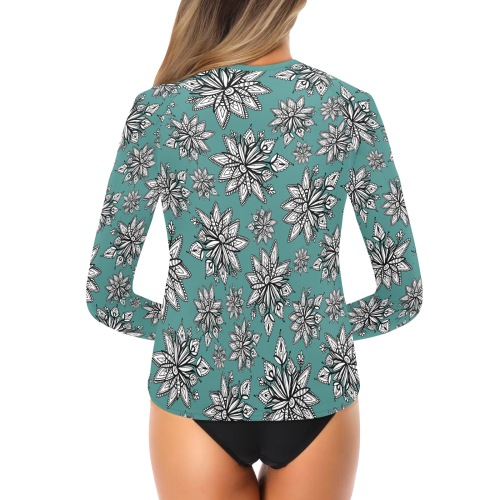 Creekside Floret pattern teal Women's Long Sleeve Swim Shirt (Model S39)