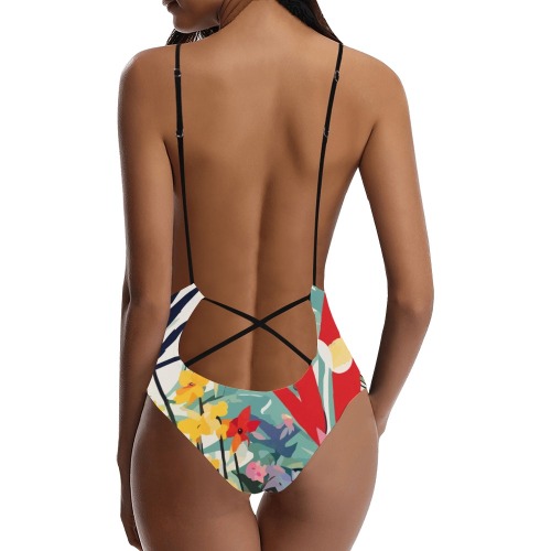 Tropical plants and flowers on beige abstract art. Sexy Lacing Backless One-Piece Swimsuit (Model S10)