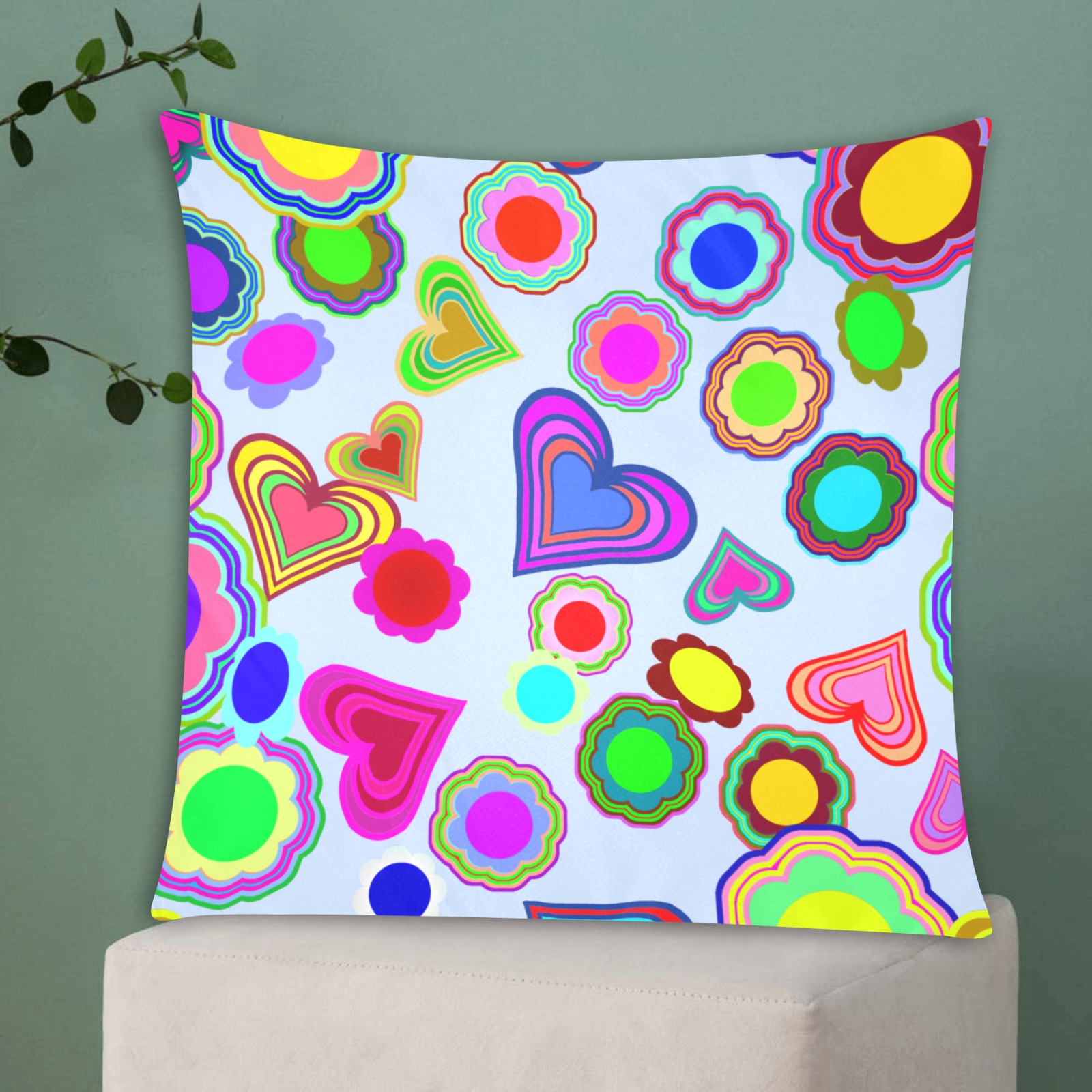 Groovy Hearts and Flowers Blue Custom Zippered Pillow Cases 20"x20" (Two Sides)