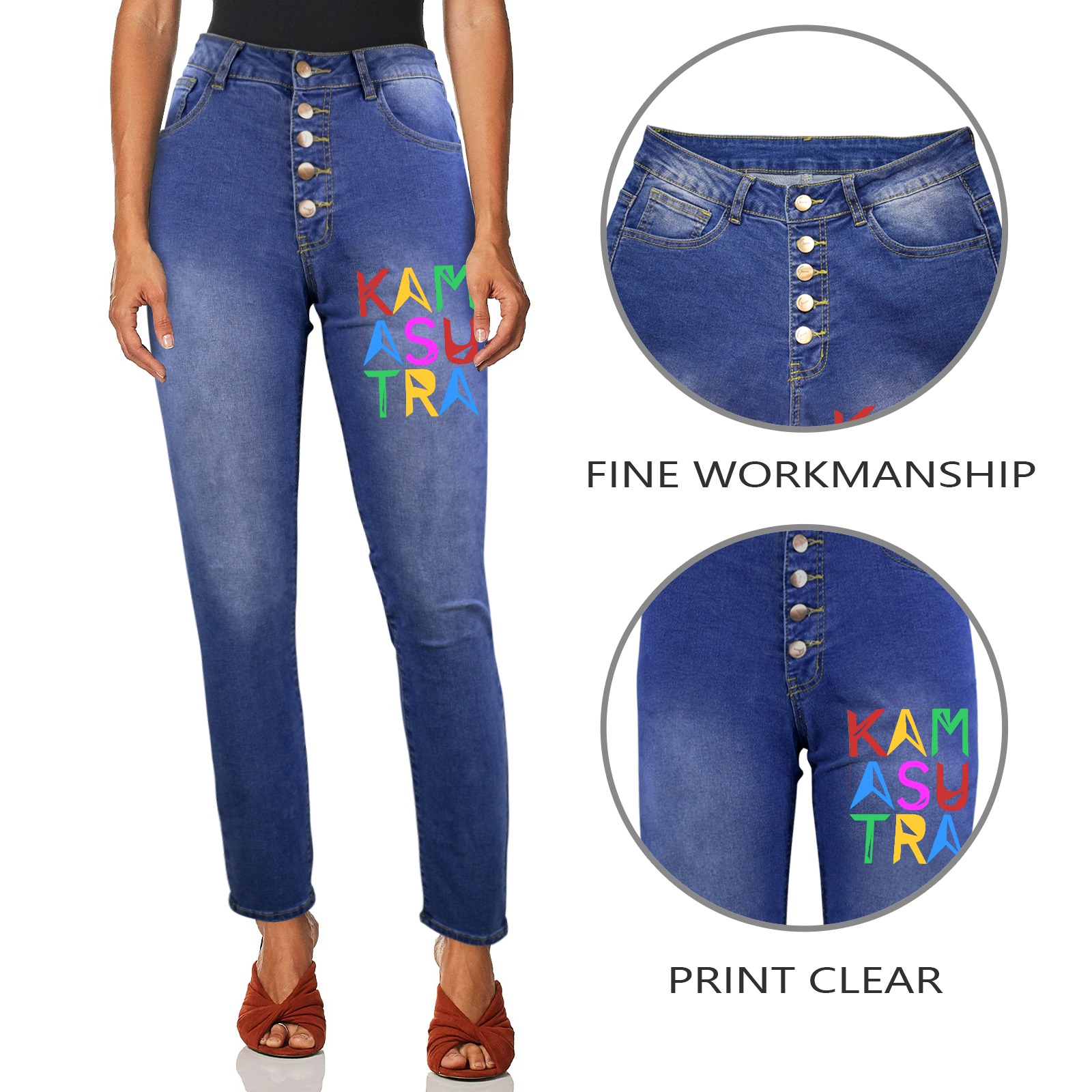 Kamasutra elegant colorful text typography art. Women's Jeans (Front Printing)