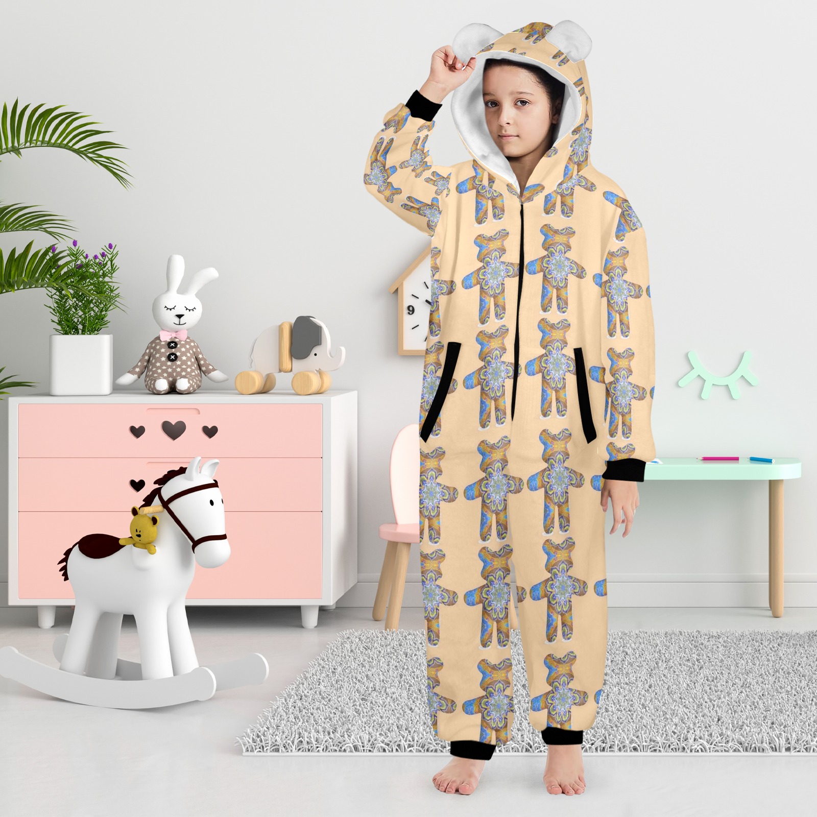 nounours 3 i One-Piece Zip Up Hooded Pajamas for Big Kids