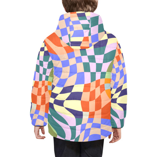 Wavy Groovy Geometric Checkered Retro Abstract Mosaic Pixels Kids' Padded Hooded Jacket (Model H45)