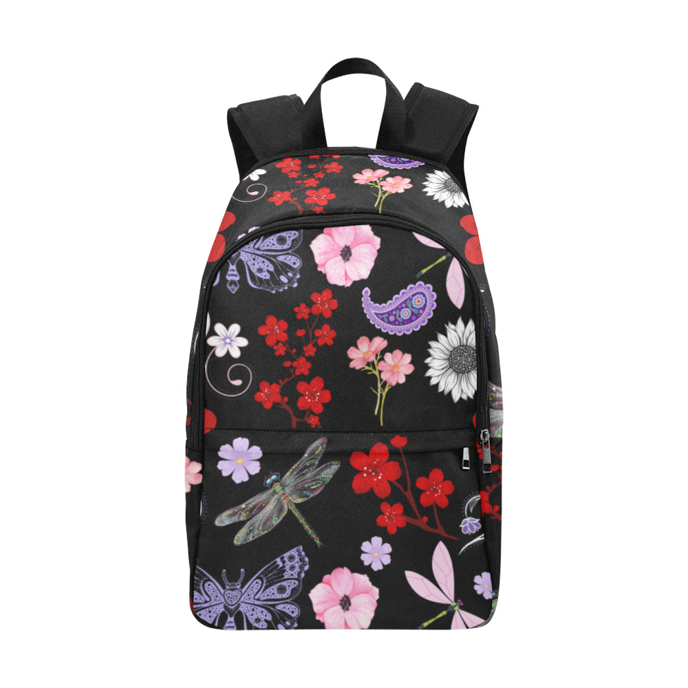 Black, Red, Pink, Purple, Dragonflies, Butterfly and Flowers Design Fabric Backpack for Adult (Model 1659)