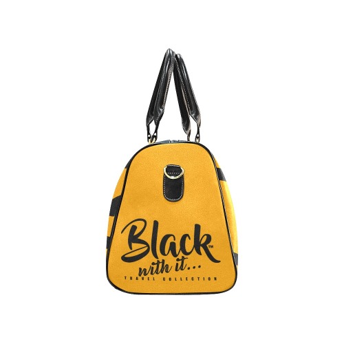 BWi Travel Bag: Orange w/Black Font - Black Leather Strap New Waterproof Travel Bag/Large (Model 1639)
