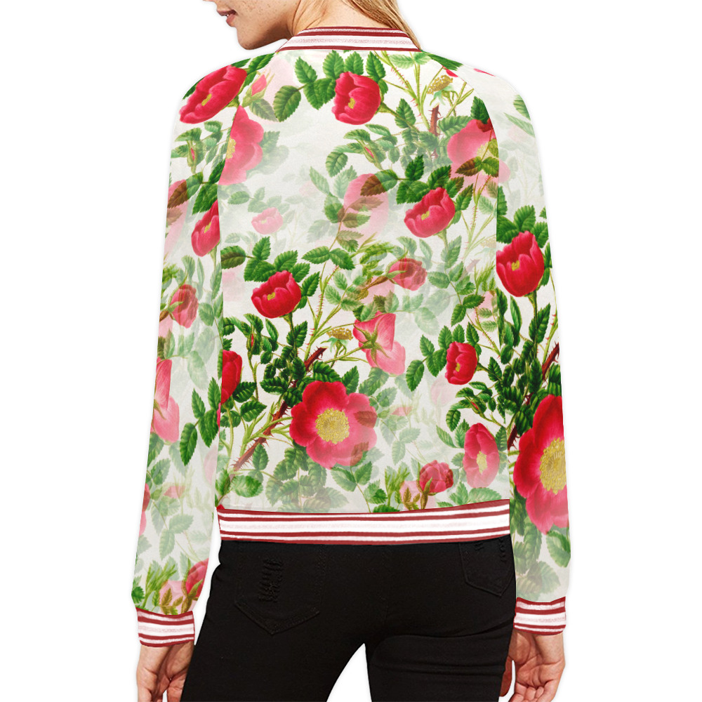 Vintage Red Floral Blossom All Over Print Bomber Jacket for Women (Model H21)