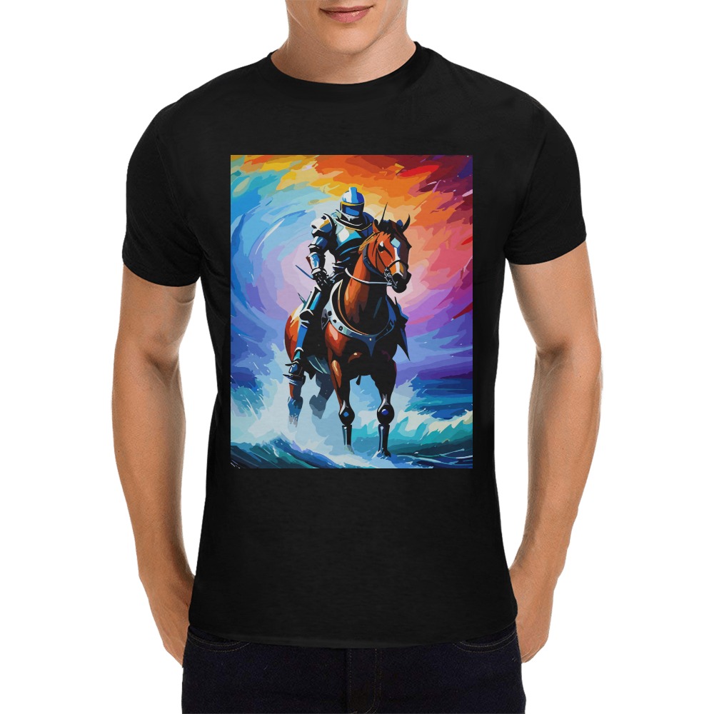 Fantasy Futuristic Knight Riding A Horse Ocean Waves Men's T-Shirt in USA Size (Front Printing Only)