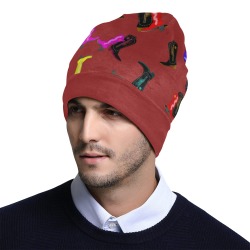 Colorful Cowboy Boots on Red All Over Print Beanie for Adults