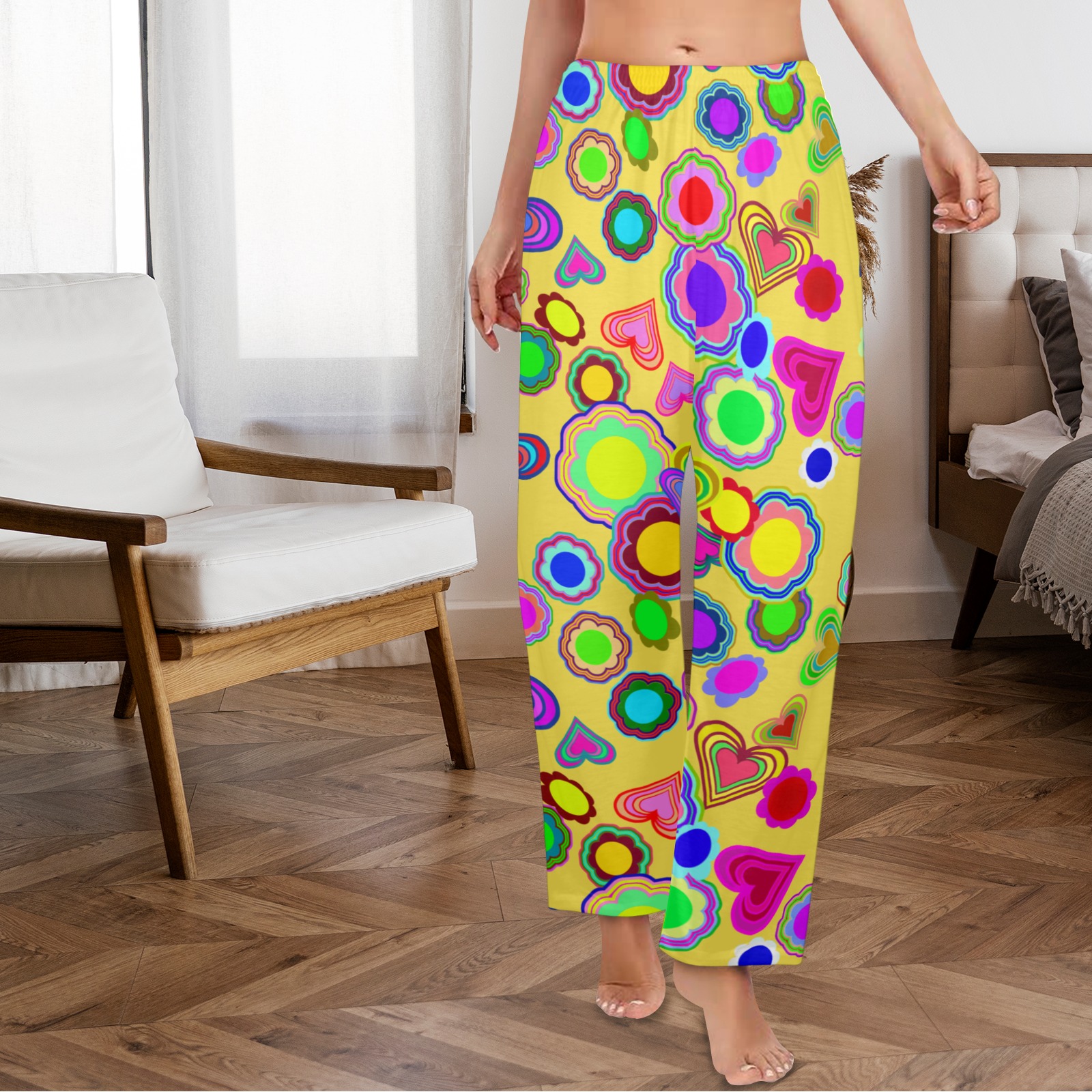 Groovy Hearts and Flowers Yellow Women's Pajama Trousers without Pockets