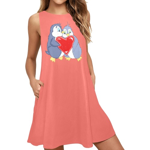 Penguin Love Coral Sleeveless A-Line Pocket Dress (Model D57)